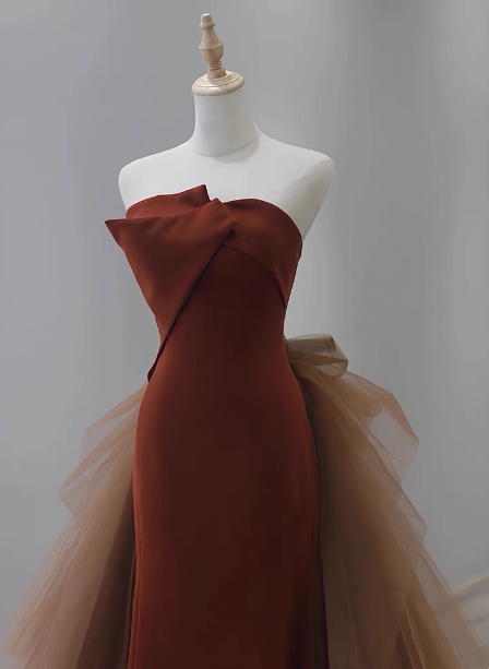 Elegant Caramel Brown Mermaid Strapless Tulle Satin Train Prom Dress Evening Dress