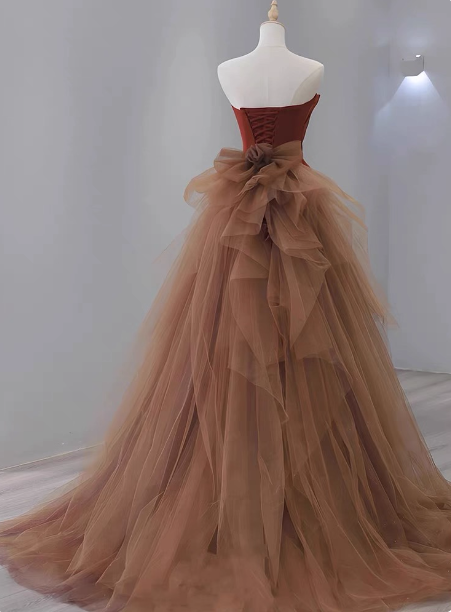Elegant Caramel Brown Mermaid Strapless Tulle Satin Train Prom Dress Evening Dress
