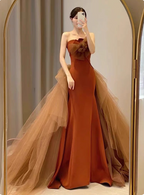 Elegant Caramel Brown Mermaid Strapless Tulle Satin Train Prom Dress Evening Dress