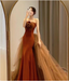 Elegant Caramel Brown Mermaid Strapless Tulle Satin Train Prom Dress Evening Dress