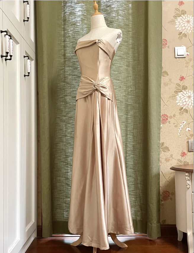 Elegant Champagne A-Line Strapless Twisted Satin Long Prom Dress Evening Dress Bridesmaid Dress Secondary image