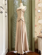 Elegant Champagne A-Line Strapless Twisted Satin Long Prom Dress Evening Dress Bridesmaid Dress
