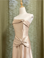 Elegant Champagne A-Line Strapless Twisted Satin Long Prom Dress Evening Dress Bridesmaid Dress