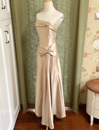Elegant Champagne A-Line Strapless Twisted Satin Long Prom Dress Evening Dress Bridesmaid Dress