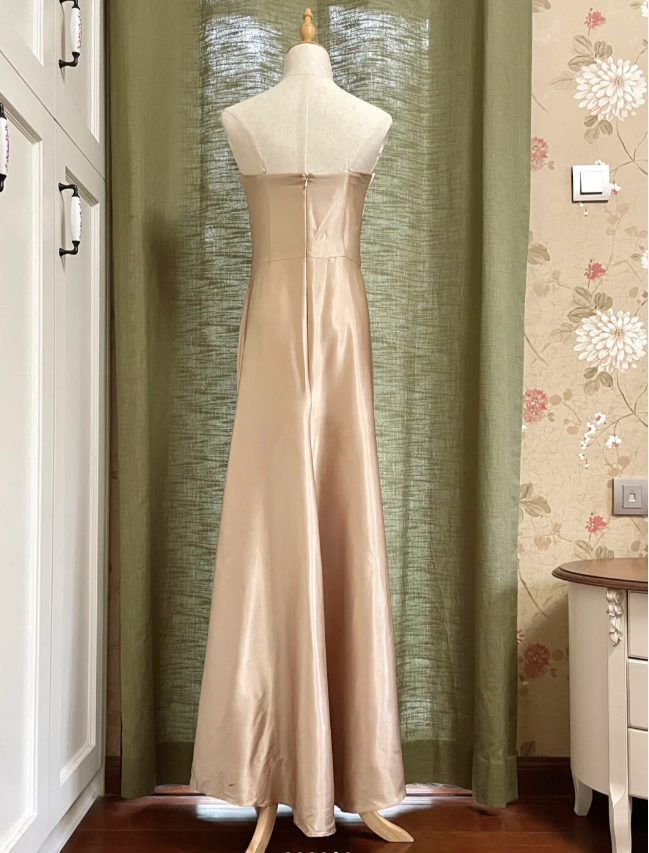 Elegant Champagne A-Line Strapless Twisted Satin Long Prom Dress Evening Dress Bridesmaid Dress