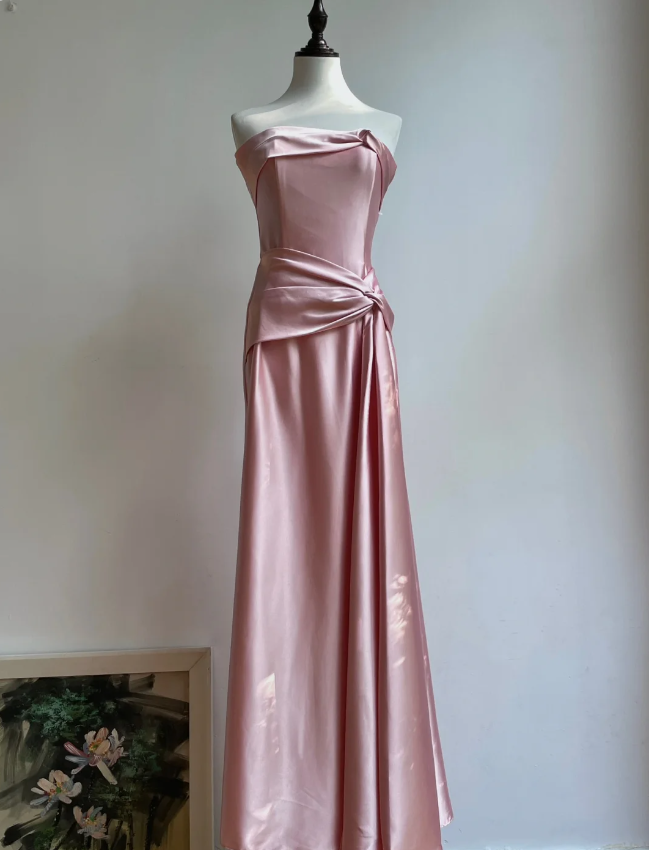 Elegant Champagne A-Line Strapless Twisted Satin Long Prom Dress Evening Dress Bridesmaid Dress