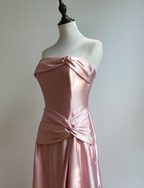 Elegant Champagne A-Line Strapless Twisted Satin Long Prom Dress Evening Dress Bridesmaid Dress