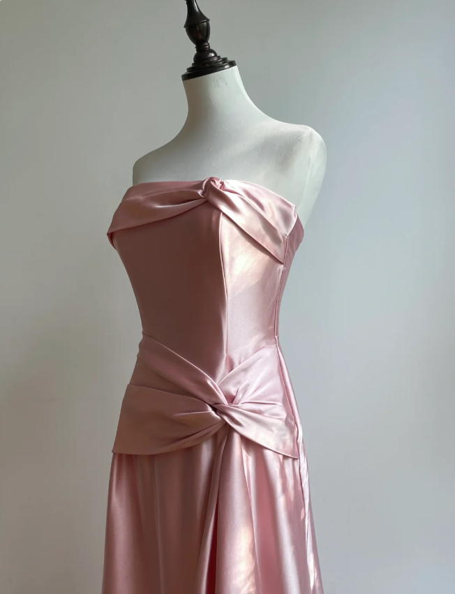 Elegant Champagne A-Line Strapless Twisted Satin Long Prom Dress Evening Dress Bridesmaid Dress