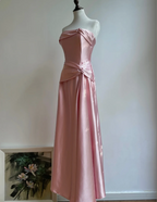 Elegant Champagne A-Line Strapless Twisted Satin Long Prom Dress Evening Dress Bridesmaid Dress