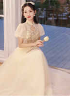 Elegant Champagne Apricot A-Line Puff Sleeve Embroidered Tulle Long Prom Dress Evening Dress