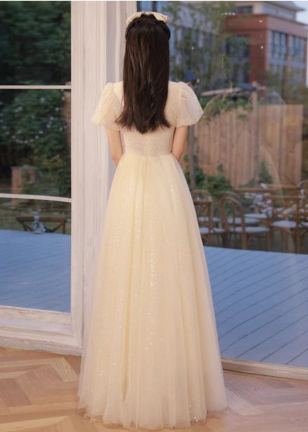 Elegant Champagne Apricot A-Line Puff Sleeve Embroidered Tulle Long Prom Dress Evening Dress