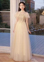 Elegant Champagne Apricot A-Line Puff Sleeve Embroidered Tulle Long Prom Dress Evening Dress