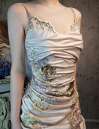 Elegant Champagne Fitted Spaghetti Strap Beaded Embroidered Satin Prom Dress Evening Dress