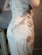 Elegant Champagne Fitted Spaghetti Strap Beaded Embroidered Satin Prom Dress Evening Dress