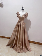 Elegant Champagne Gold Deep V-Neck Bow Satin Long Prom Dress Evening Dress