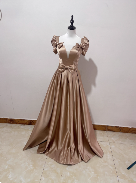 Elegant Champagne Gold Deep V-Neck Bow Satin Long Prom Dress Evening Dress
