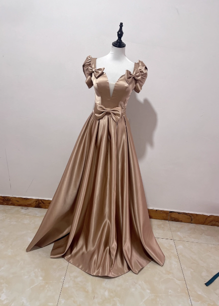 Elegant Champagne Gold Deep V-Neck Bow Satin Long Prom Dress Evening Dress Main image