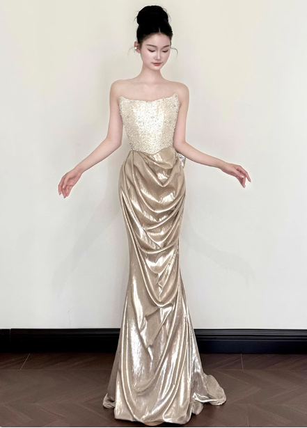Elegant Champagne Gold Mermaid Strapless Ruffled Satin Train Prom Dress Evening Dress