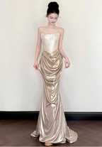 Elegant Champagne Gold Mermaid Strapless Ruffled Satin Train Prom Dress Evening Dress
