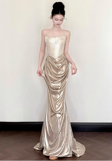 Elegant Champagne Gold Mermaid Strapless Ruffled Satin Train Prom Dress Evening Dress