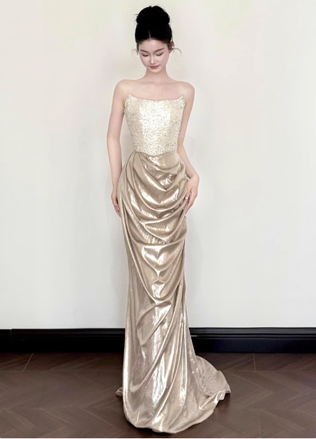Elegant Champagne Gold Mermaid Strapless Ruffled Satin Train Prom Dress Evening Dress Main image