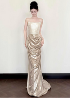 Elegant Champagne Gold Mermaid Strapless Ruffled Satin Train Prom Dress Evening Dress