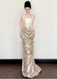 Elegant Champagne Gold Mermaid Strapless Ruffled Satin Train Prom Dress Evening Dress