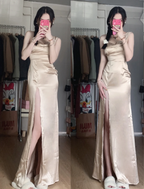 Elegant Champagne High-Slit Satin Long Prom Dress Evening Dress
