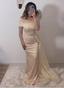 Elegant Champagne Mermaid Long Sleeve Pearl Tulle Train Prom Dress Evening Dress