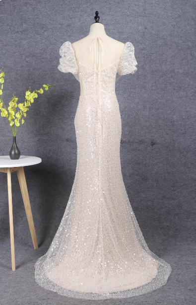 Elegant Champagne Mermaid Puff Sleeve Sequin Train Prom Dress Evening Dress Secondary image
