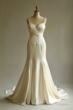 Elegant Champagne Mermaid Satin V-Neck Long Prom Dress Spaghetti Strap Beaded Wedding Dress