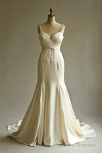 Elegant Champagne Mermaid Satin V-Neck Long Prom Dress Spaghetti Strap Beaded Wedding Dress