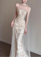 Elegant Champagne Mermaid Strapless Petal Tulle Long Prom Dress Evening Dress