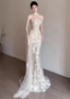 Elegant Champagne Mermaid Strapless Petal Tulle Long Prom Dress Evening Dress
