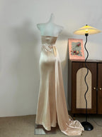Elegant Champagne Mermaid Trailing Strapless Satin Long Prom Dress Evening Dress