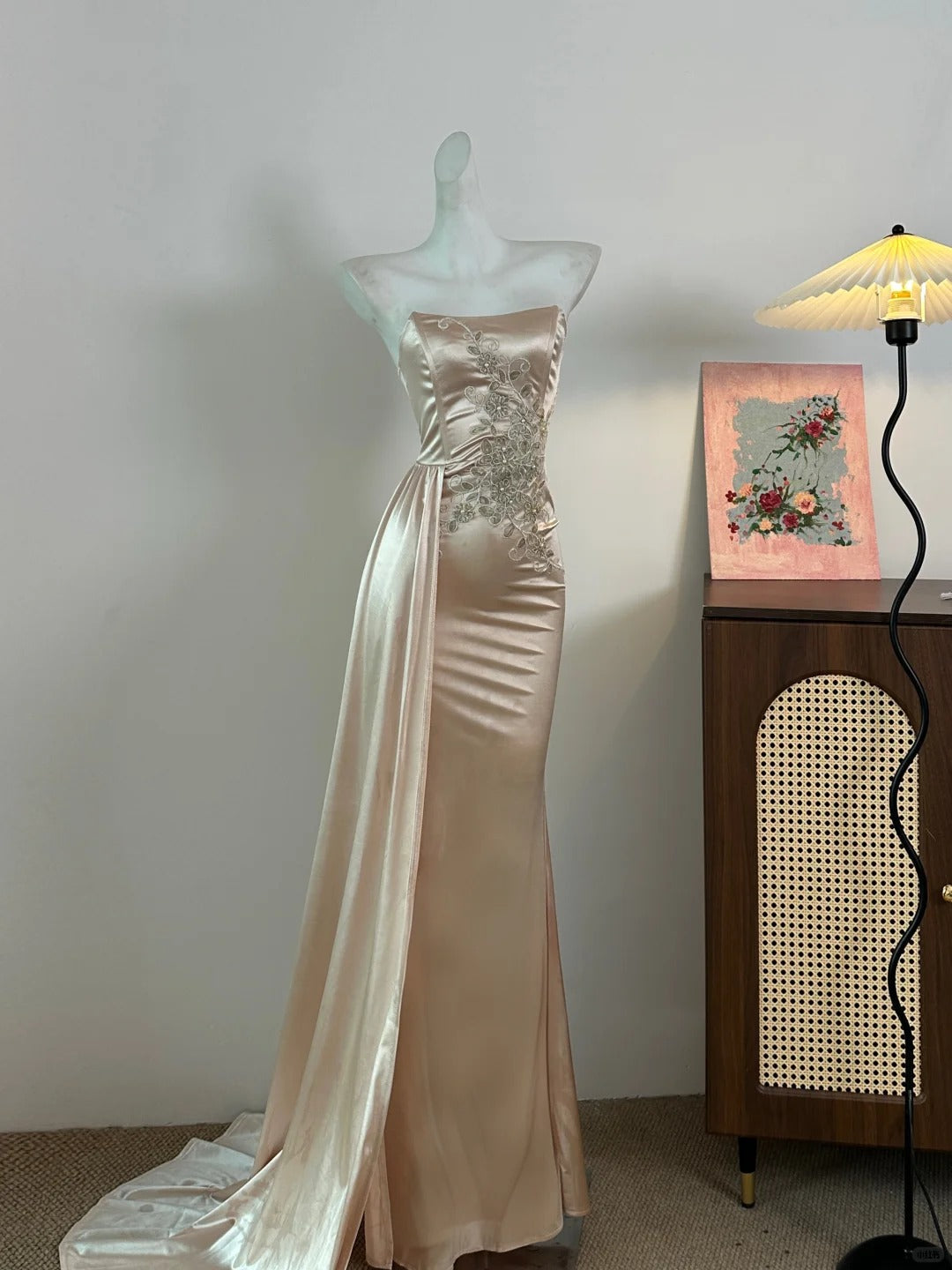 Elegant Champagne Mermaid Trailing Strapless Satin Long Prom Dress Evening Dress Main image