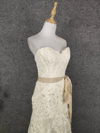 Elegant Champagne Off-White Sweetheart Neck Lace Train Prom Dress Evening Dress