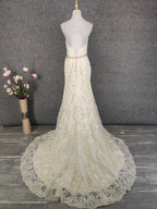 Elegant Champagne Off-White Sweetheart Neck Lace Train Prom Dress Evening Dress