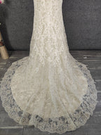 Elegant Champagne Off-White Sweetheart Neck Lace Train Prom Dress Evening Dress