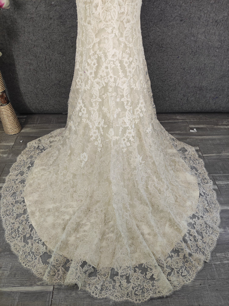 Elegant Champagne Off-White Sweetheart Neck Lace Train Prom Dress Evening Dress