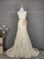 Elegant Champagne Off-White Sweetheart Neck Lace Train Prom Dress Evening Dress