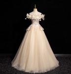 Elegant Champagne One-Shoulder 3D Floral Tulle Long Ball Gown Evening Dress Sweet 16 Dress