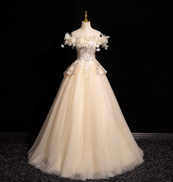 Elegant Champagne One-Shoulder 3D Floral Tulle Long Ball Gown Evening Dress Sweet 16 Dress