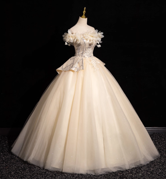 Elegant Champagne One-Shoulder 3D Floral Tulle Long Ball Gown Evening Dress Sweet 16 Dress