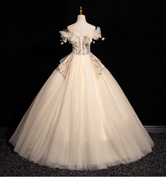 Elegant Champagne One-Shoulder 3D Floral Tulle Long Ball Gown Evening Dress Sweet 16 Dress