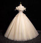 Elegant Champagne One-Shoulder 3D Floral Tulle Long Ball Gown Evening Dress Sweet 16 Dress