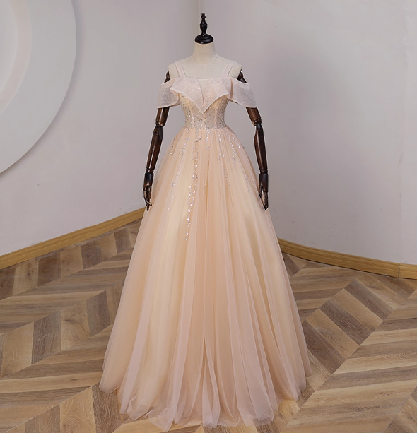 Elegant Champagne One-Shoulder Tulle Long Ball Gown Evening Dress Sweet 16 Dress