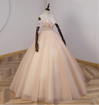 Elegant Champagne One-Shoulder Tulle Long Ball Gown Evening Dress Sweet 16 Dress