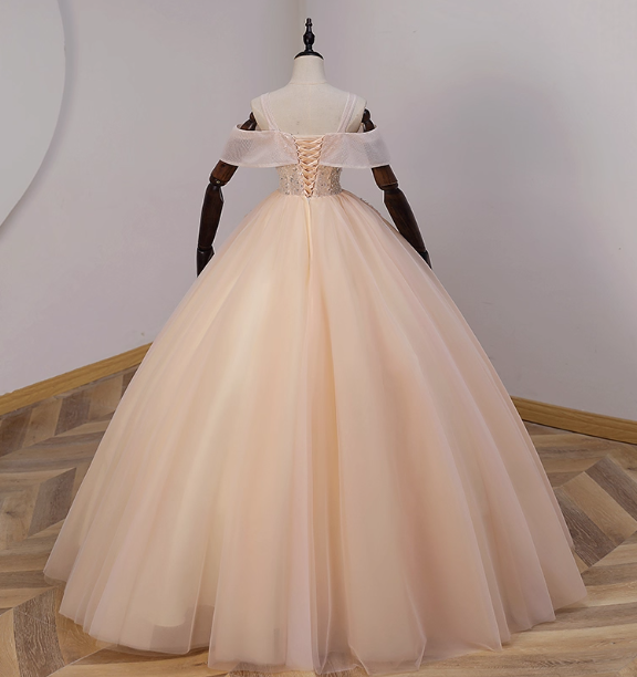 Elegant Champagne One-Shoulder Tulle Long Ball Gown Evening Dress Sweet 16 Dress