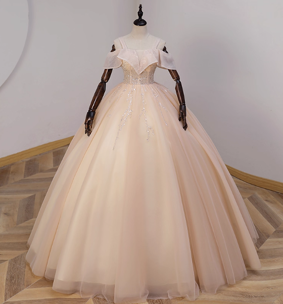 Elegant Champagne One-Shoulder Tulle Long Ball Gown Evening Dress Sweet 16 Dress